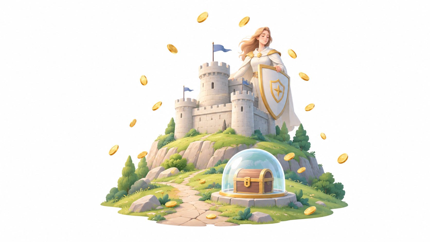 A fantasy illustration of a golden woman protecting a castle and a treasure chest from flying coins.