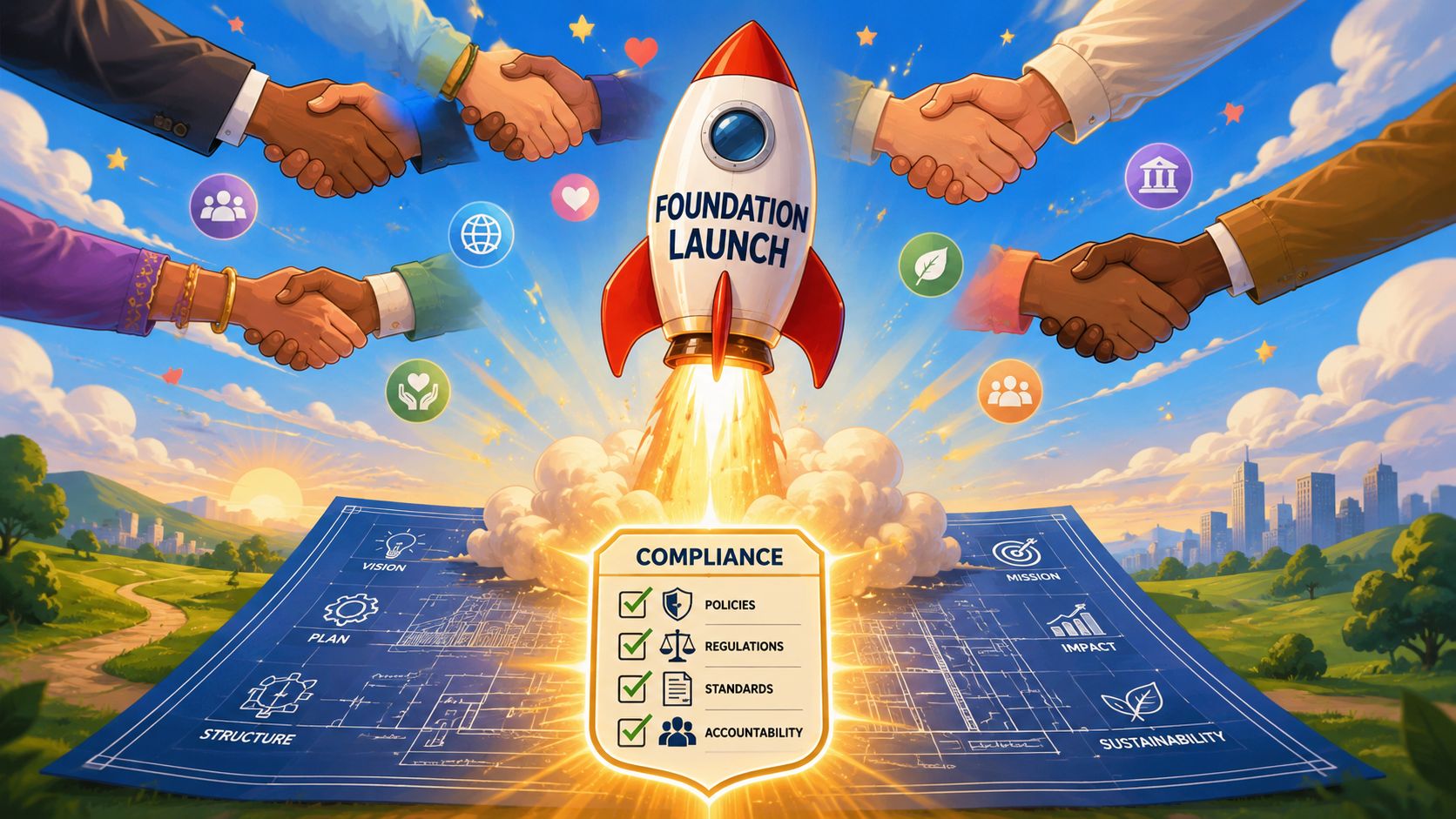 A rocket launching above a compliance blueprint showing keys to starting a nonprofit foundation successfully.