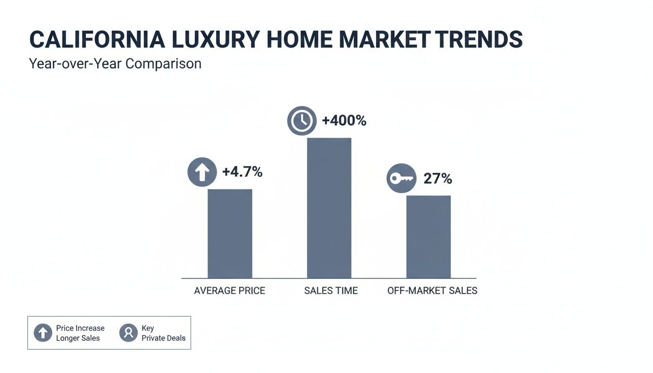 California luxury home market trends bar chart with price, sales time, and off-market data.