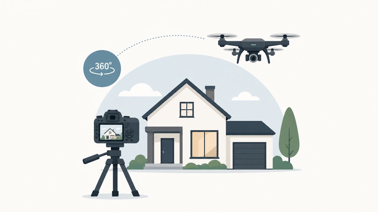 A camera on a tripod and a drone capturing 360-degree footage of a residential house for real estate.