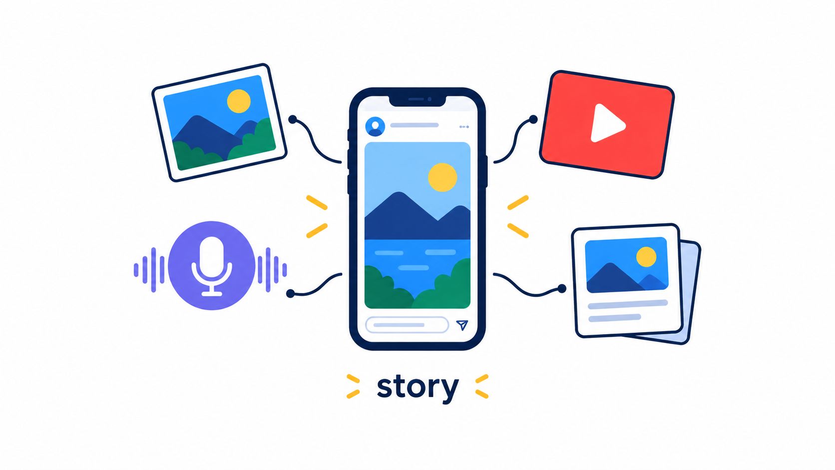 A smartphone centered with various media icons representing photo, video, and audio content for social media stories.