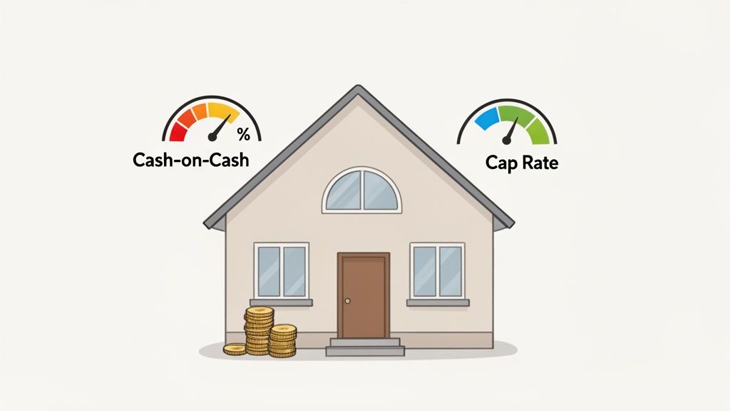 A cartoon house with cash-on-cash and cap rate gauges, representing real estate investment metrics.