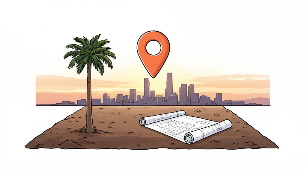 Illustration of a vacant lot with a palm tree, blueprints, and map pin, facing a city skyline.