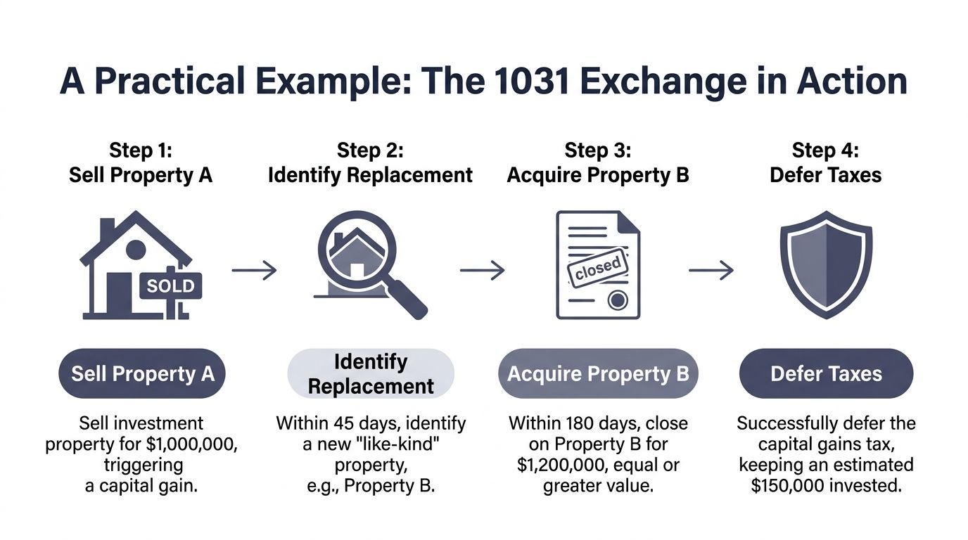 A four-step infographic illustrating how a 1031 exchange works to defer capital gains taxes on investment properties.