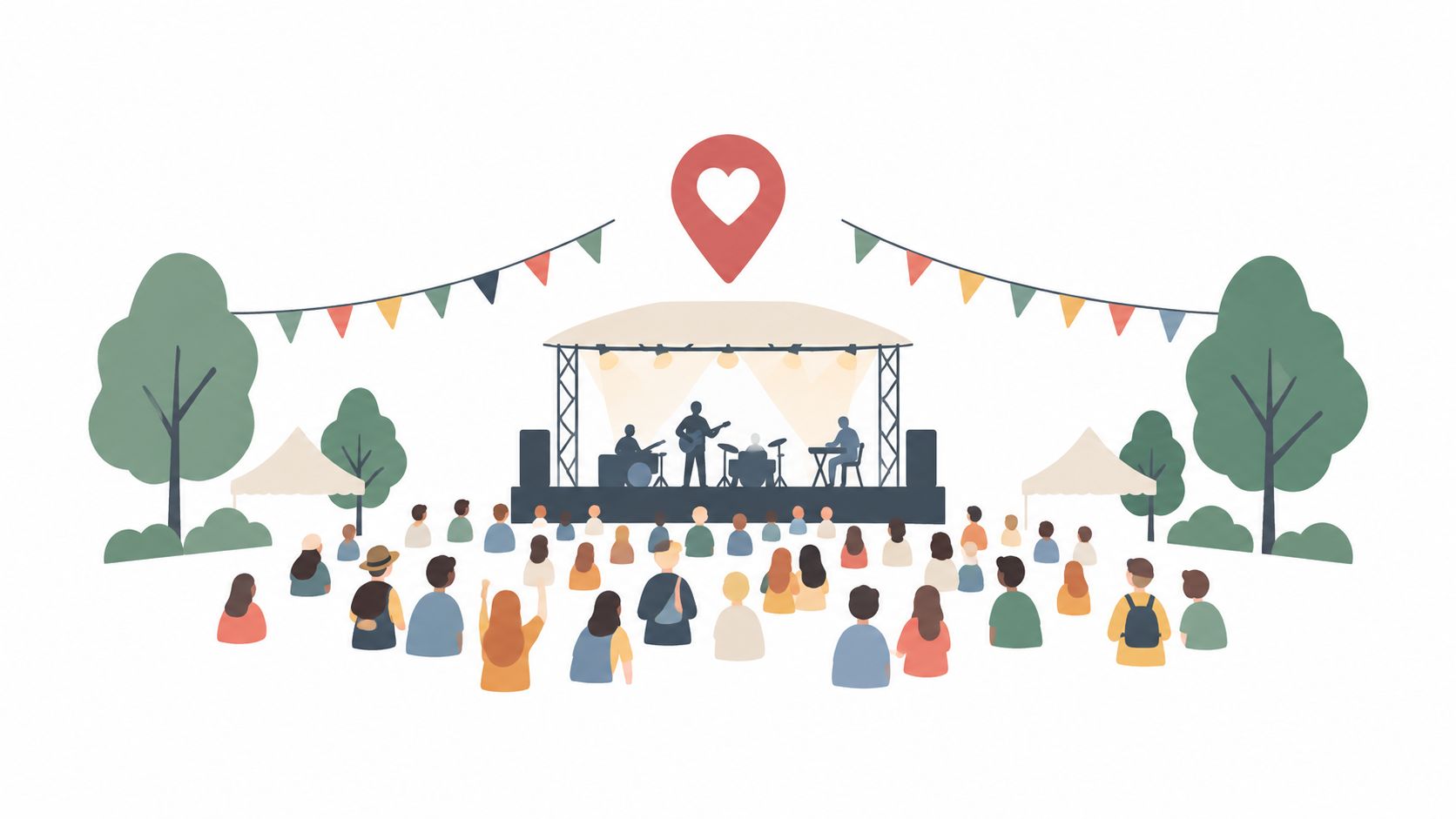 An illustration of a band performing on an outdoor stage with an audience gathered in a park