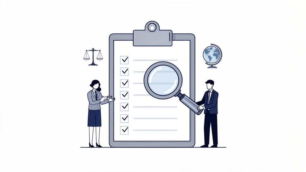 Illustration of business professionals inspecting a checklist with a magnifying glass, representing compliance and global review.