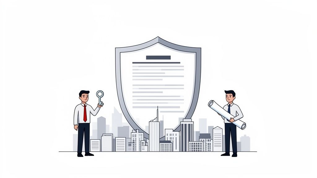 Illustration of two professionals with a key and blueprints in front of a city and a shield contract.