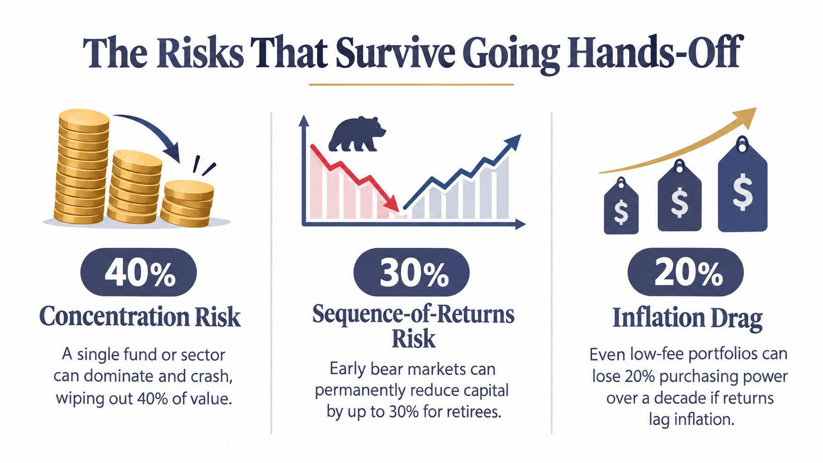 An infographic detailing three financial risks of hands-off investing: concentration risk, sequence-of-returns risk, and inflation drag.