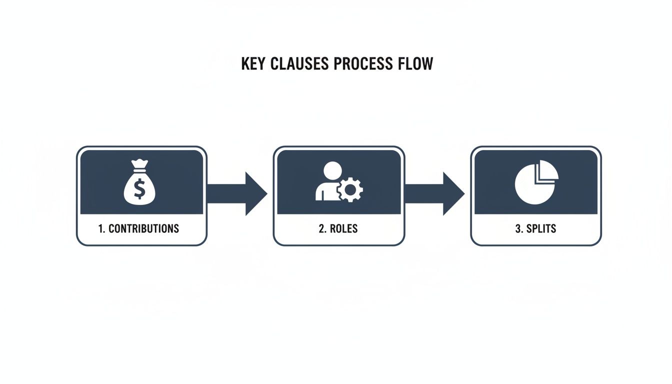 A process flow diagram illustrating key clauses for contributions, roles, and splits.