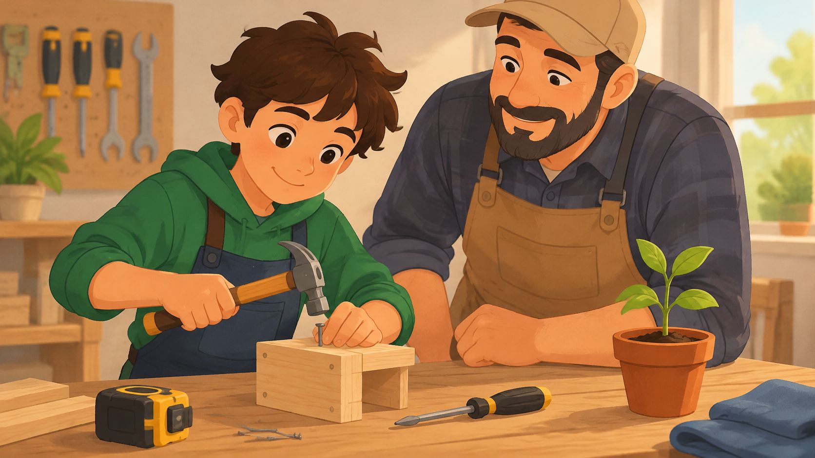 A young boy learning woodwork with a supportive father in a bright, cozy workshop together.