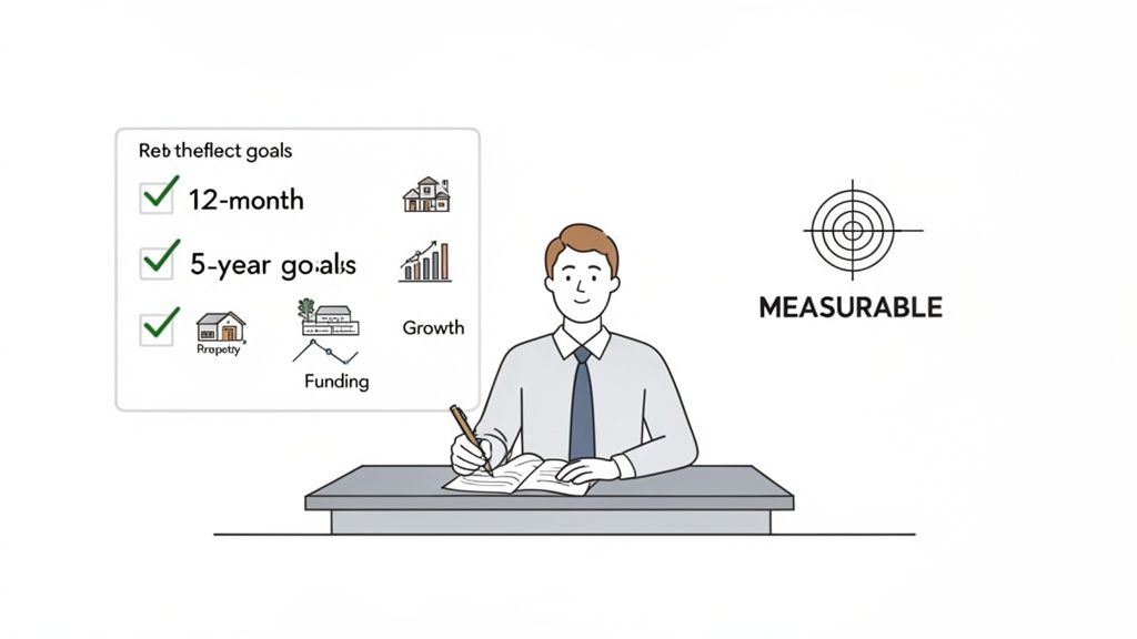 A man sets business goals, including 12-month, 5-year, property, funding, and growth, emphasizing measurability.