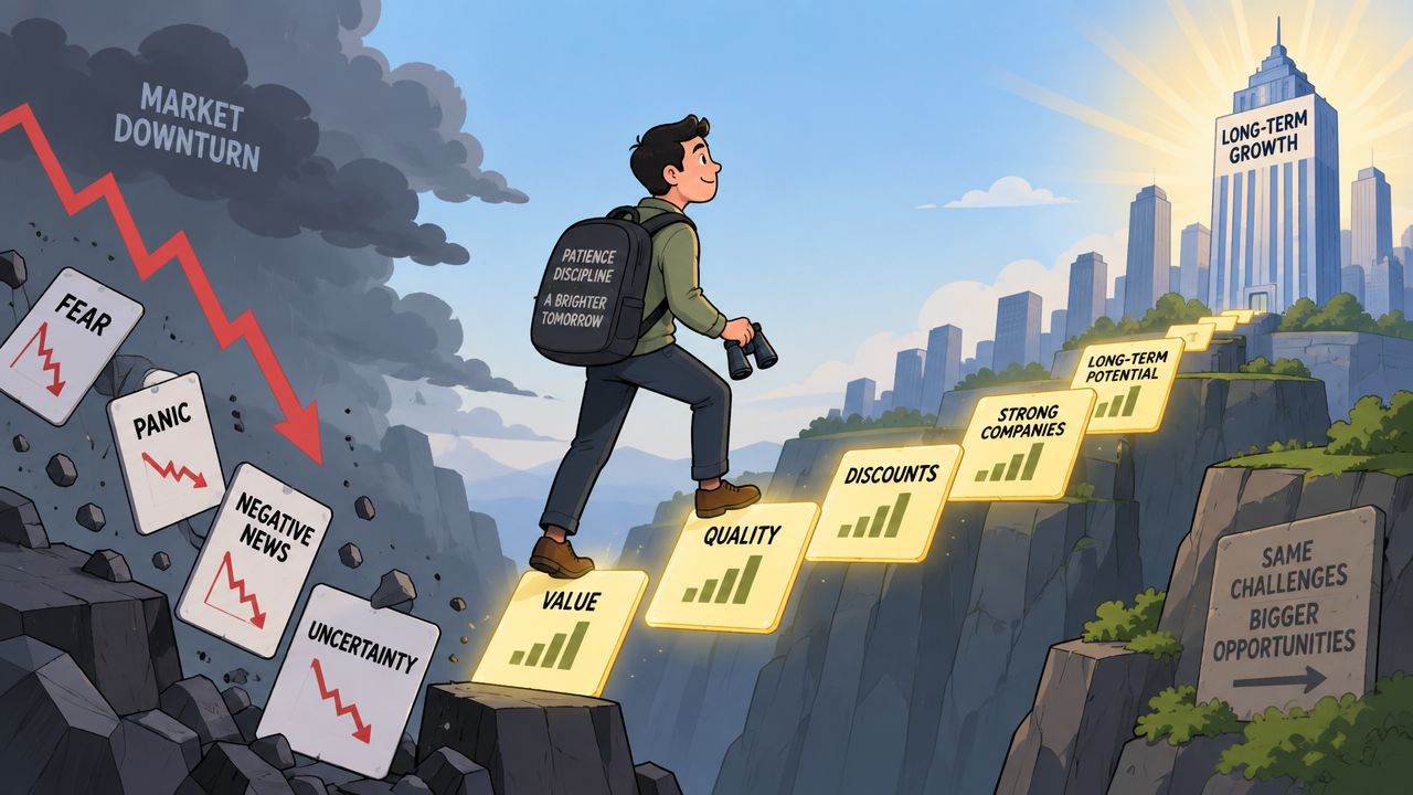 An investor walking up golden stairs during a market downturn, focusing on long-term growth and opportunities.