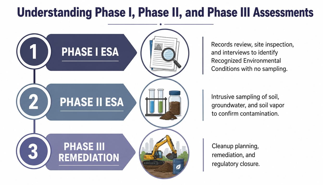 A diagram outlining the three phases of environmental site assessment from investigation to remediation and closure.