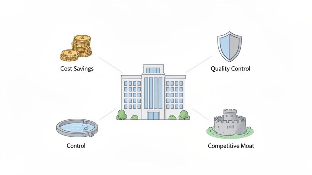 An illustration depicting a business building linked to four benefits: Cost Savings, Quality Control, Control, and Competitive Moat.