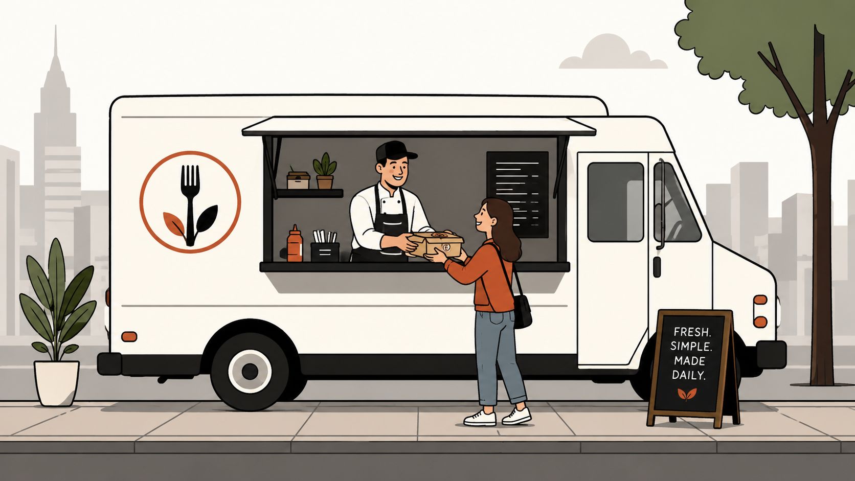 A friendly chef handing a meal box to a customer at a modern white food truck.