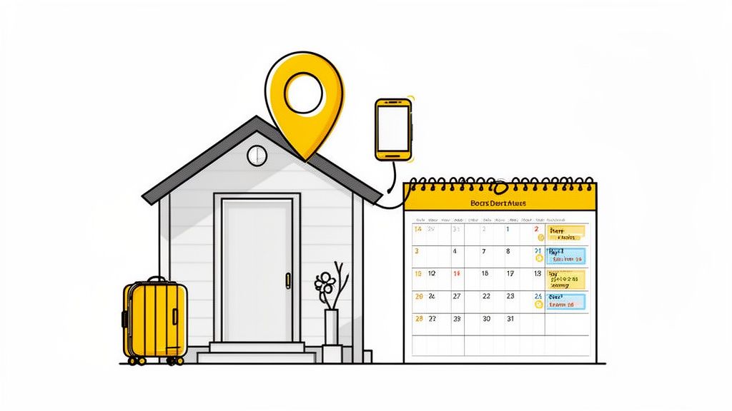 Illustration of a house with a location pin, suitcase, smartphone, and a calendar showing rental property bookings.