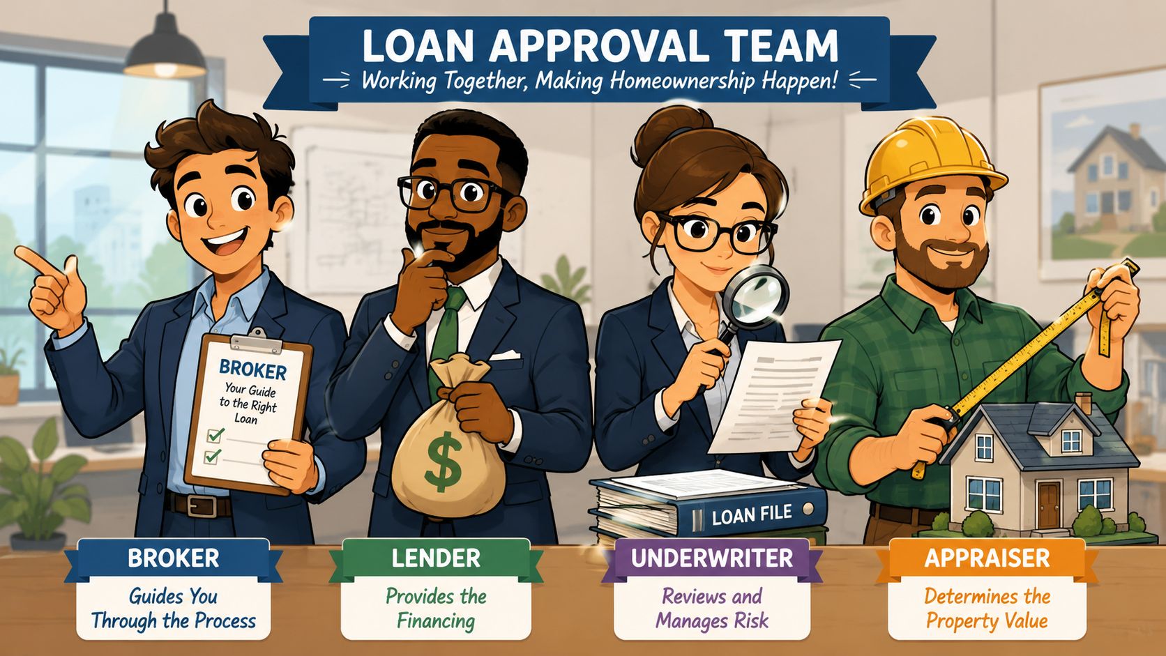 A professional illustration of four team members representing the mortgage loan approval process including broker, lender, underwriter, and appraiser.