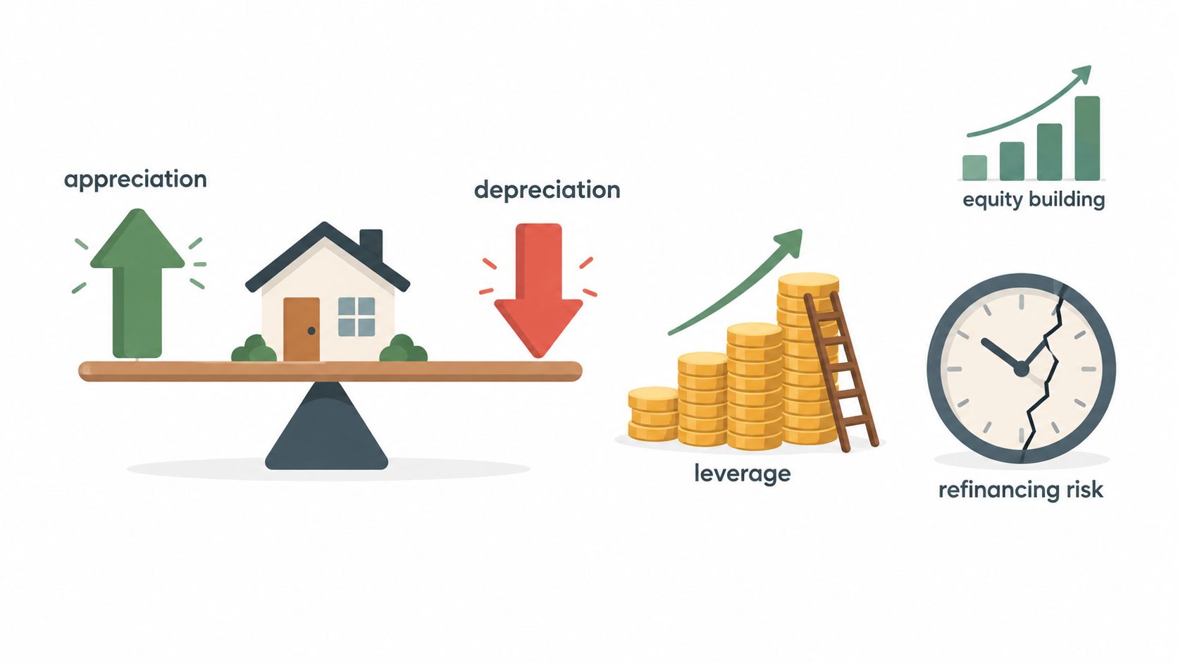 A graphic illustration depicting key financial concepts of real estate investment including appreciation, depreciation, leverage, equity, and risk.