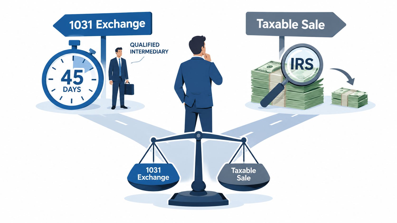 A businessman standing at a crossroads choosing between a 1031 exchange and a taxable property sale.