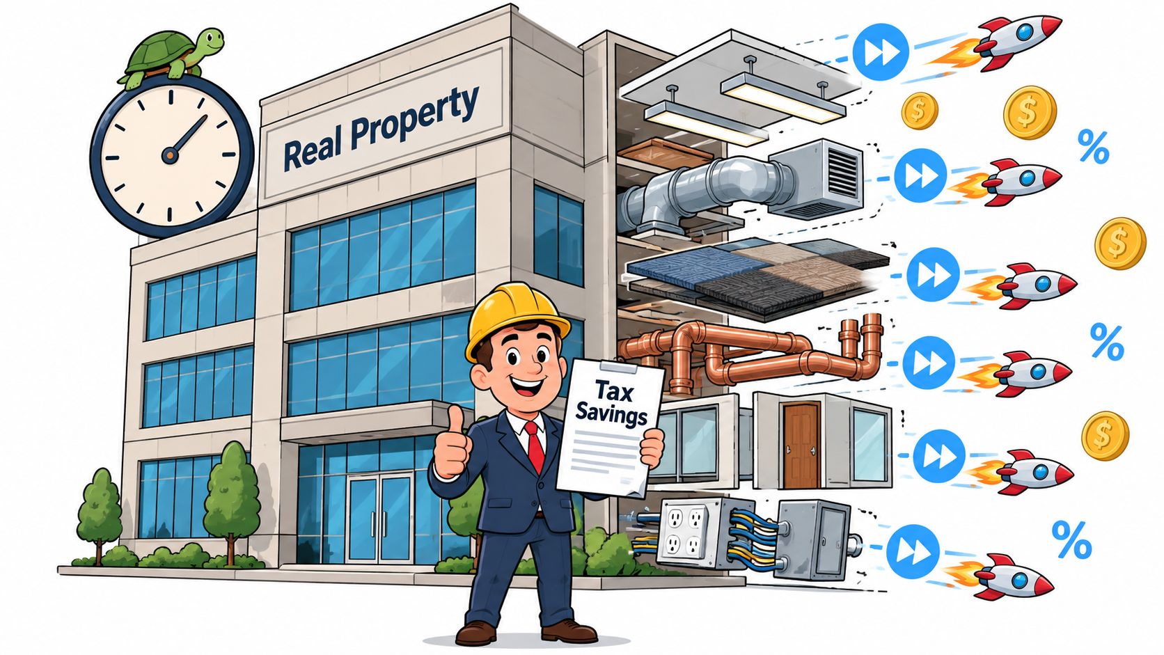 A businessman standing in front of an office building, holding a tax savings document with rocket icons.