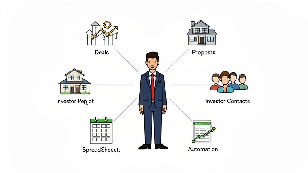 A real estate investor surrounded by icons representing deals, properties, contacts, automation, spreadsheets, and investments.