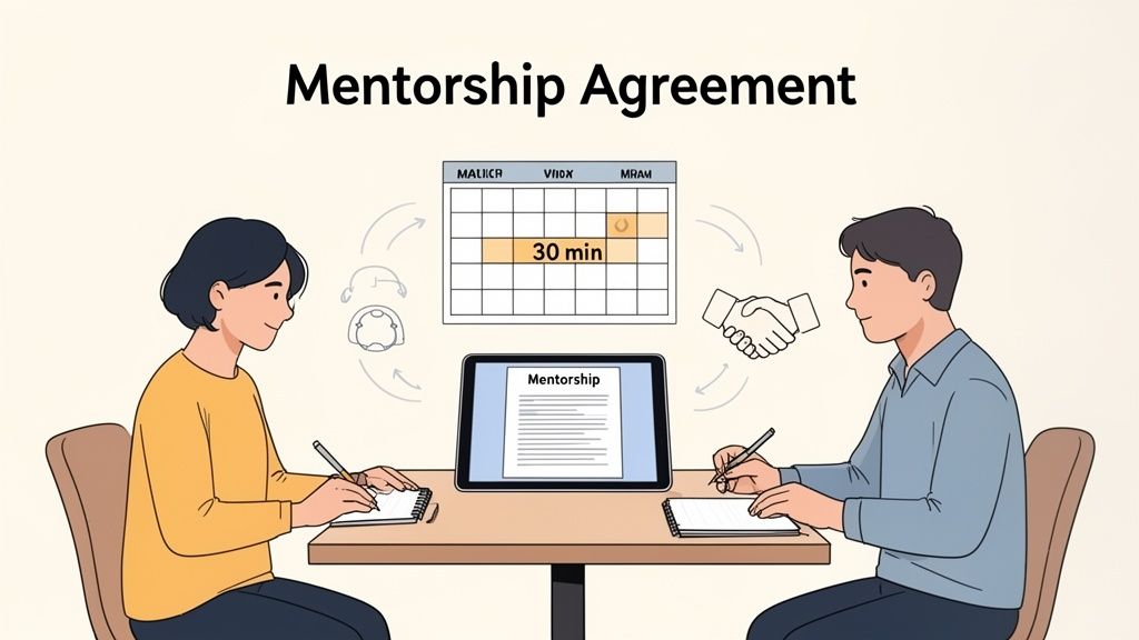 An illustration showing two people making a mentorship agreement, with a calendar for 30-minute sessions.