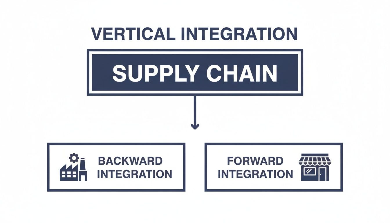 Diagram illustrating vertical integration in a supply chain, showing backward and forward integration with corresponding icons.