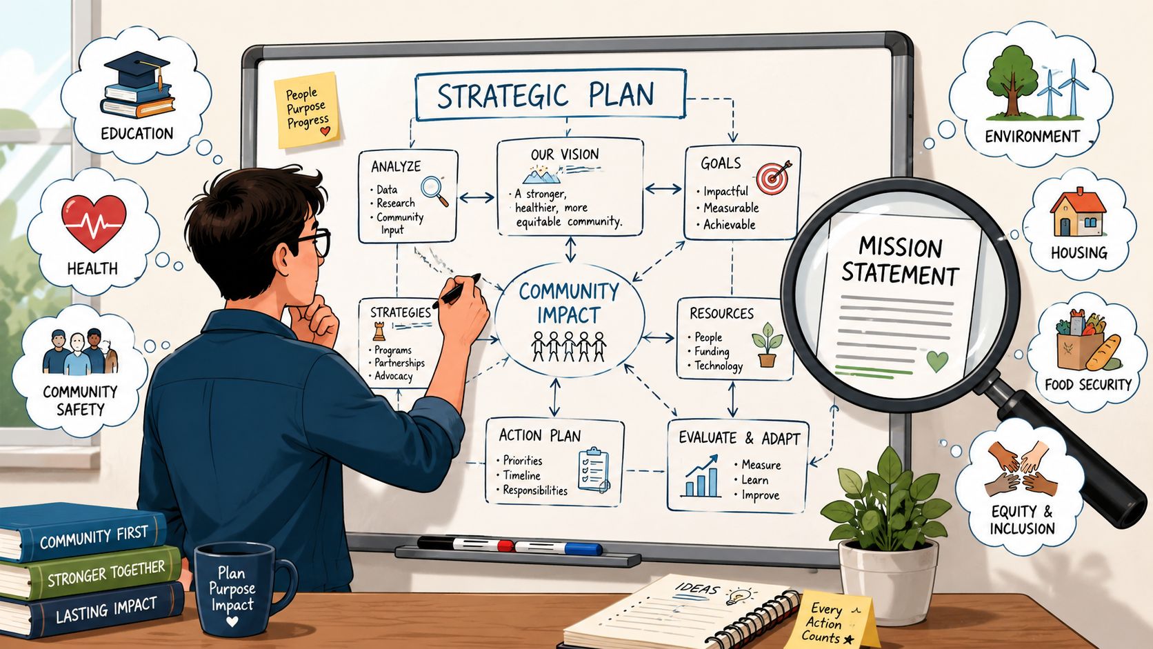 A person writing a strategic plan for community development on a whiteboard in an office setting.