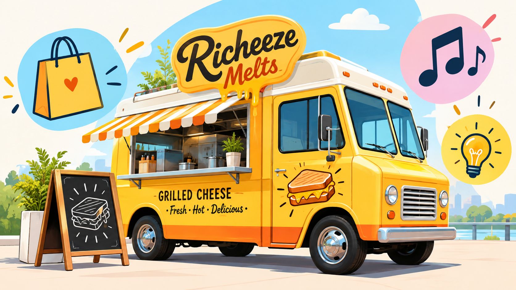 A vibrant yellow Richeeze Melts food truck parked outdoors with a chalkboard menu for grilled cheese.