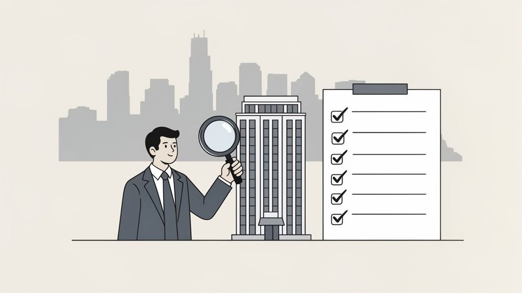 A businessman with a magnifying glass inspects a commercial building next to a completed checklist.