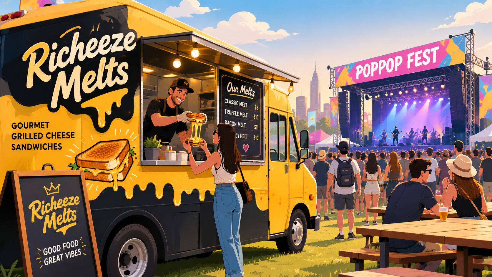 A food truck named Richeeze Melts serving grilled cheese sandwiches at a vibrant outdoor music festival event.