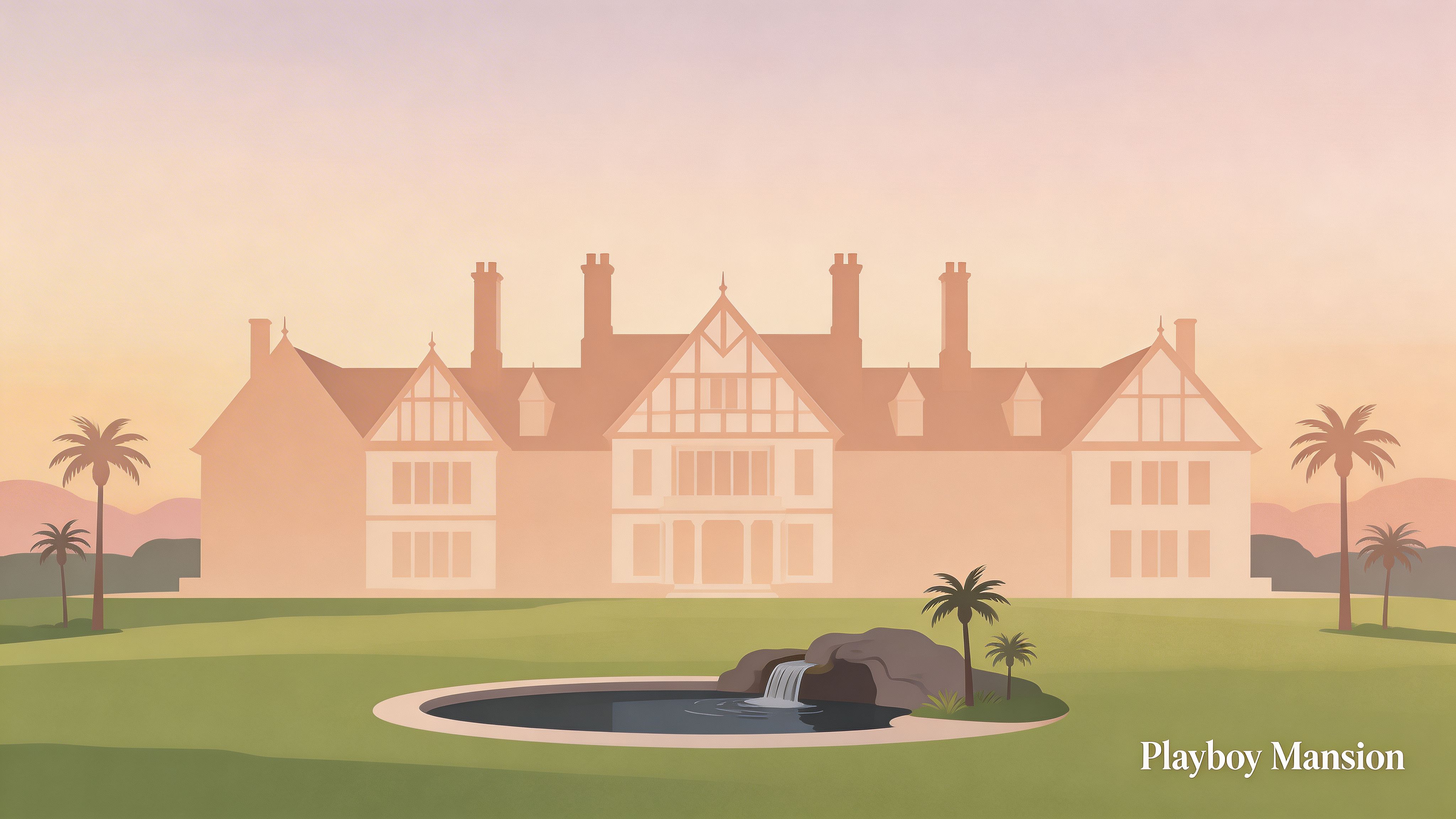 A minimalist flat illustration of the iconic Playboy Mansion set against a soft sunset sky.