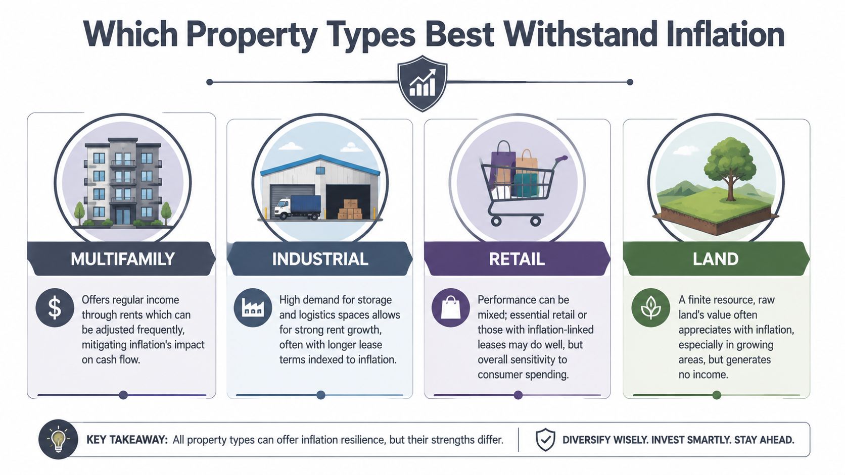An infographic showing how multifamily, industrial, retail, and land properties help investors hedge against economic inflation.