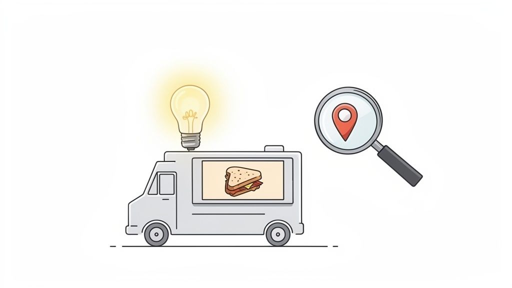 An illustration of a food truck with a glowing light bulb, a sandwich on its side, and a magnifying glass searching for its location.