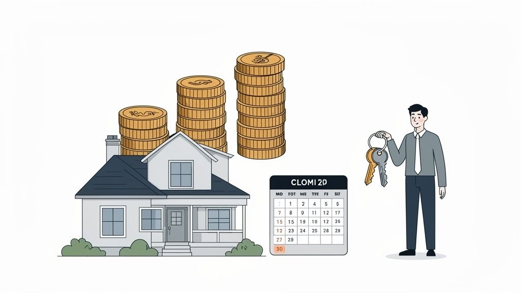An illustration showing a house, increasing money stacks, a calendar, and a person holding house keys.
