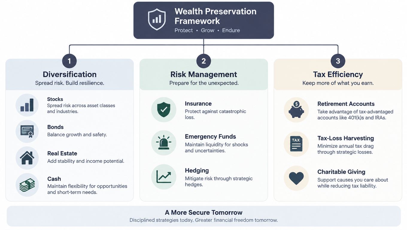 A diagram illustrating a wealth preservation framework featuring diversification, risk management, and tax efficiency strategies for investors.