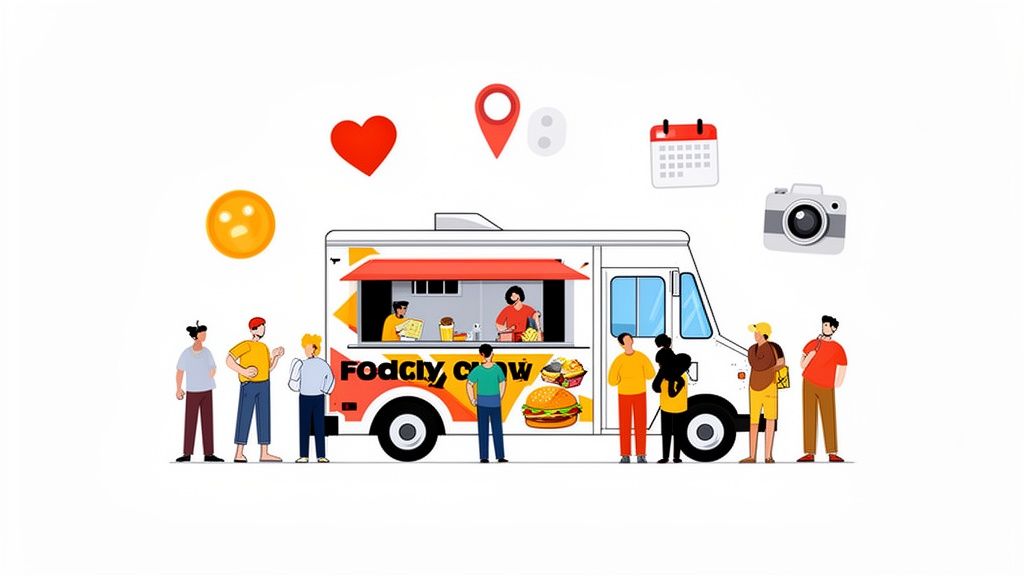 Illustration of a food truck with a queue of customers and app-related icons like location and calendar.