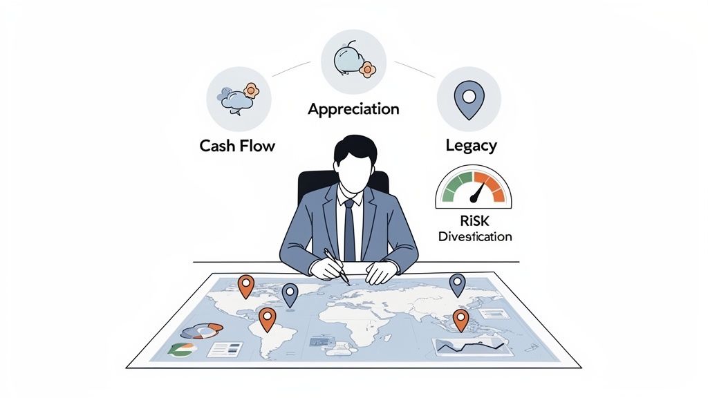 A businessman plans global real estate investments on a world map, considering cash flow, appreciation, legacy, and risk diversification.