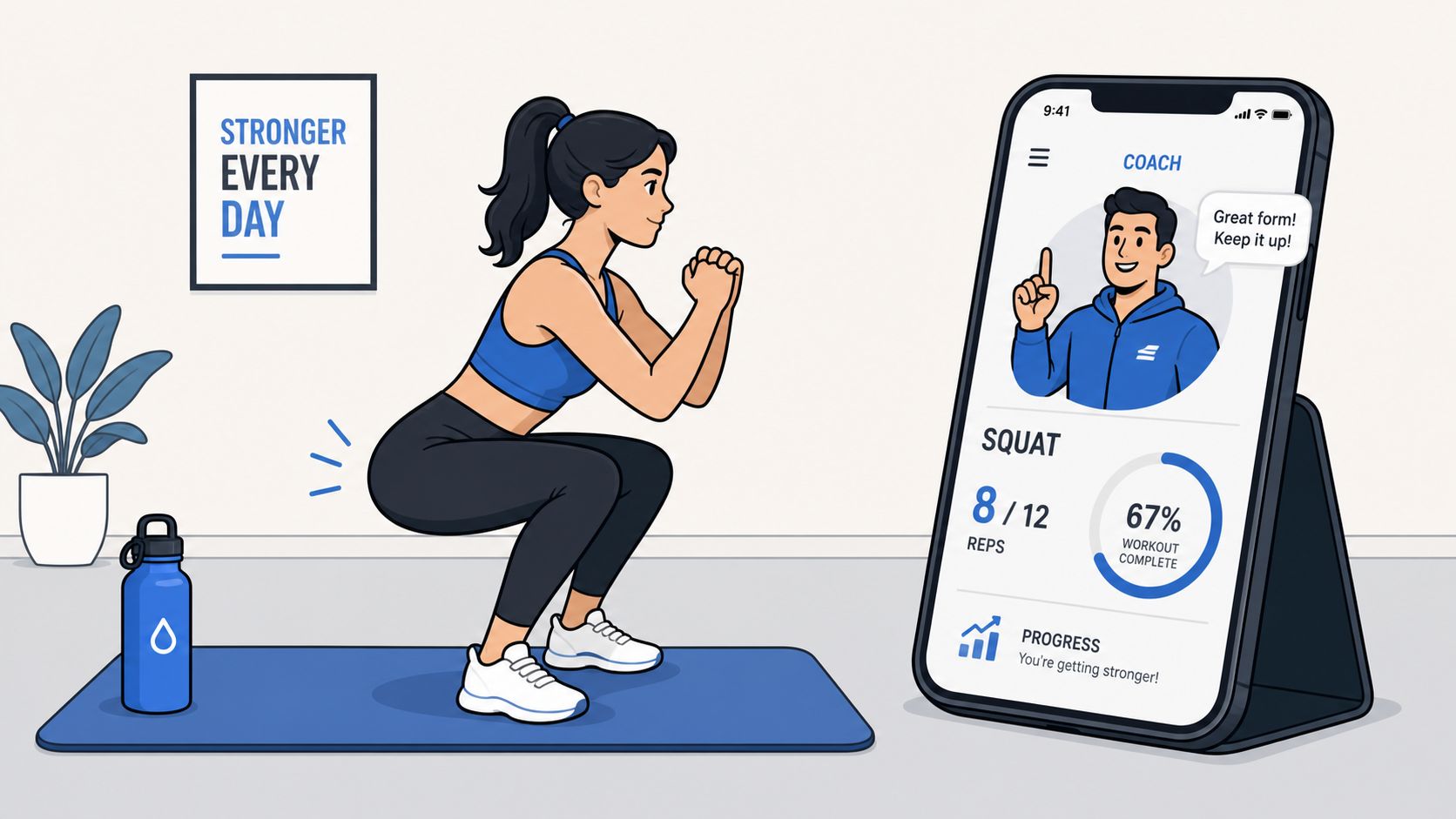 An illustration of a woman performing squats while following a workout coach on her smartphone app.