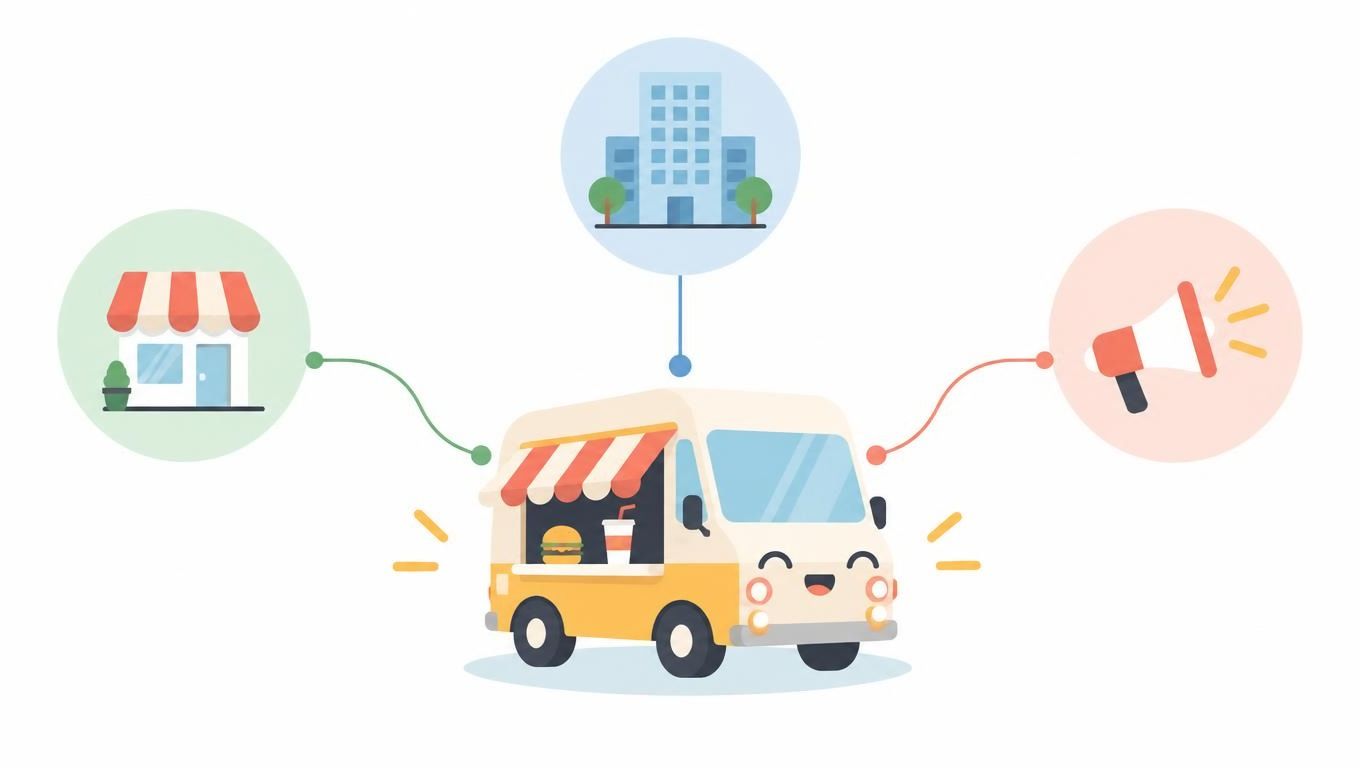 A cute food truck connected to a shop, a building, and a megaphone representing mobile business services.