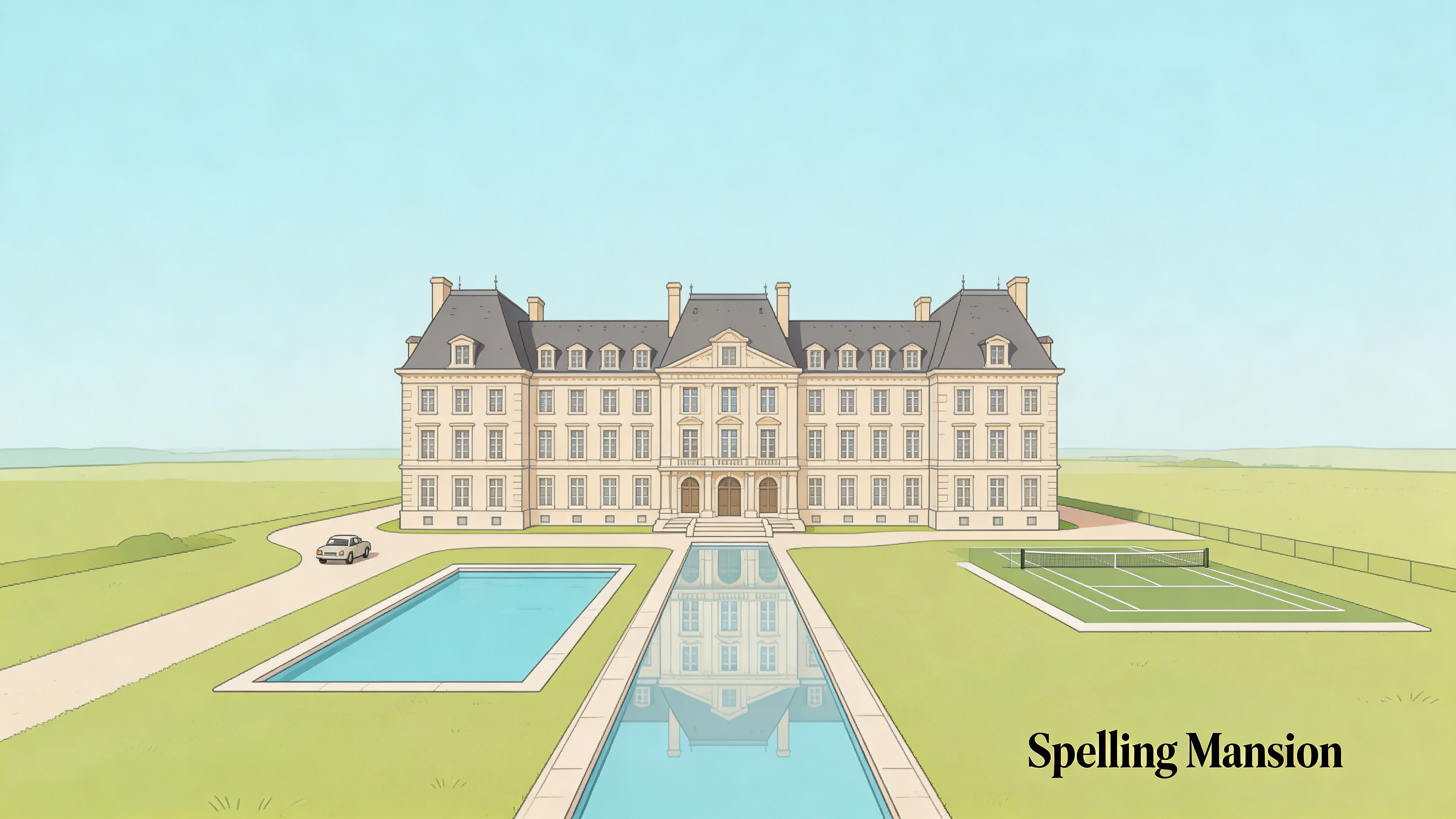 A minimalist architectural illustration of a grand mansion with a swimming pool, tennis court, and car.