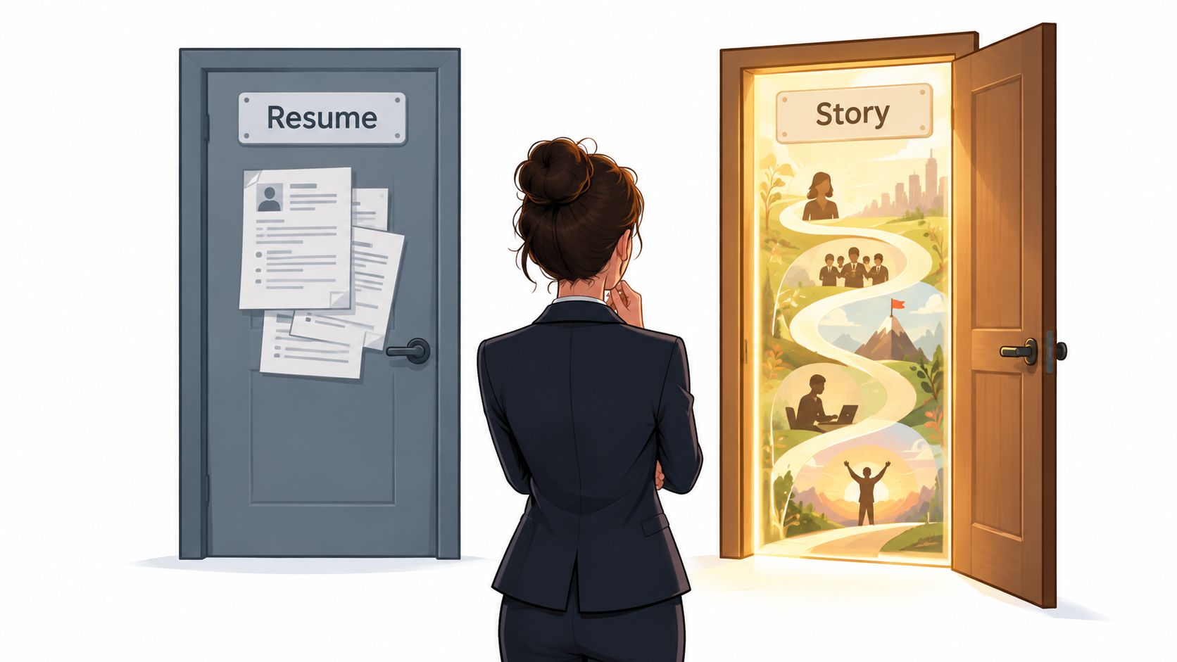 A professional woman contemplating a choice between a closed resume door and an open door representing storytelling.