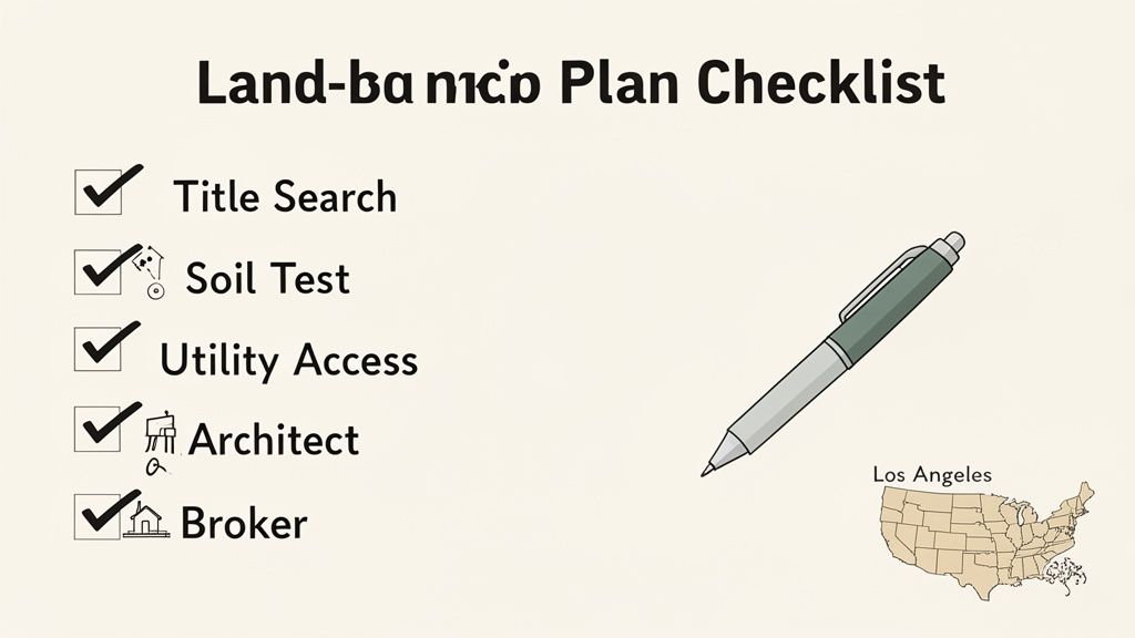 A land-based plan checklist with items like title search, soil test, architect, and broker checked, alongside a pen and a map of Los Angeles.