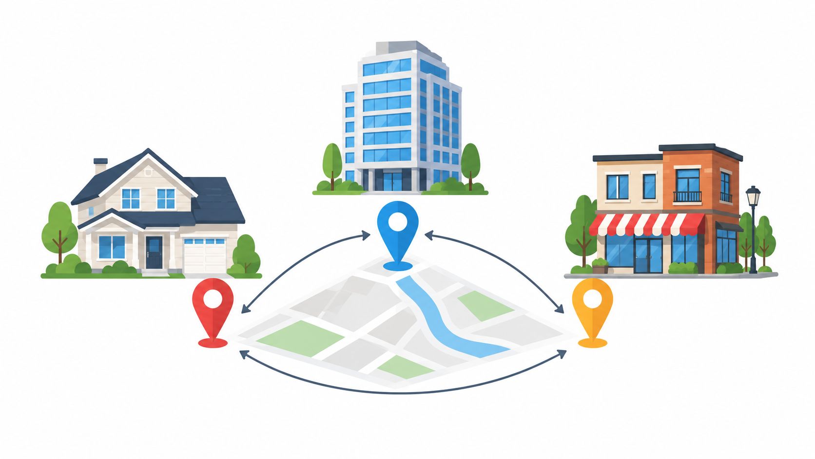 A map with three location pins connecting a house, a business building, and a retail store icon.