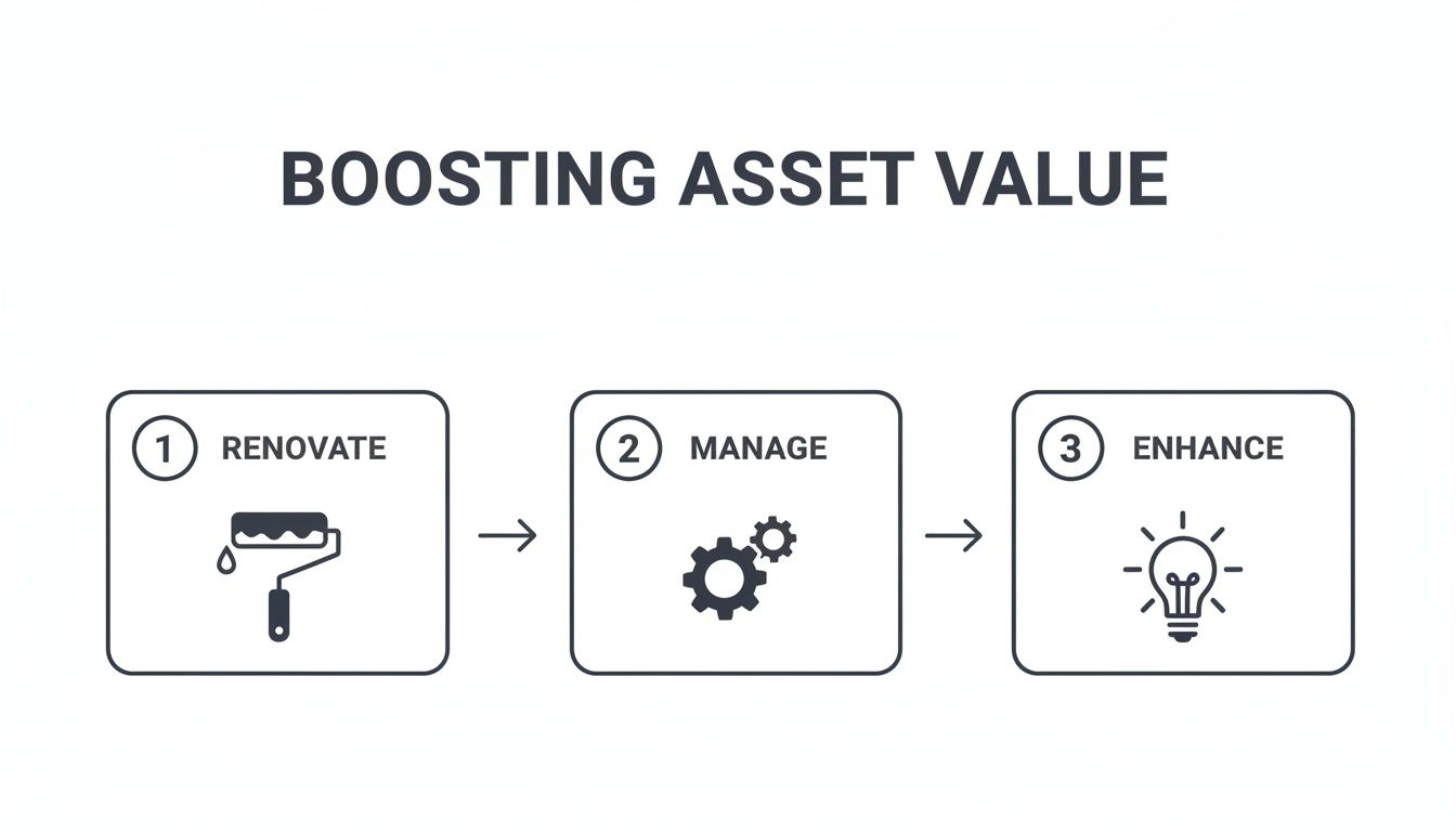 Infographic showing a three-step process to boost asset value through renovation, management, and enhancement.