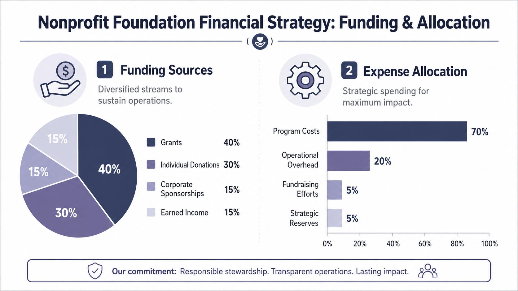 A chart showing nonprofit financial strategy, including funding sources and expense allocation breakdowns for foundation sustainability.