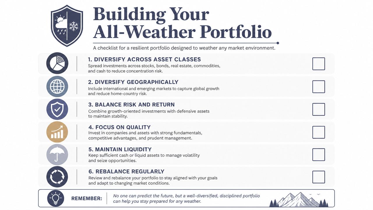 A checklist infographic titled Building Your All-Weather Portfolio outlining six essential steps for resilient investment strategies.