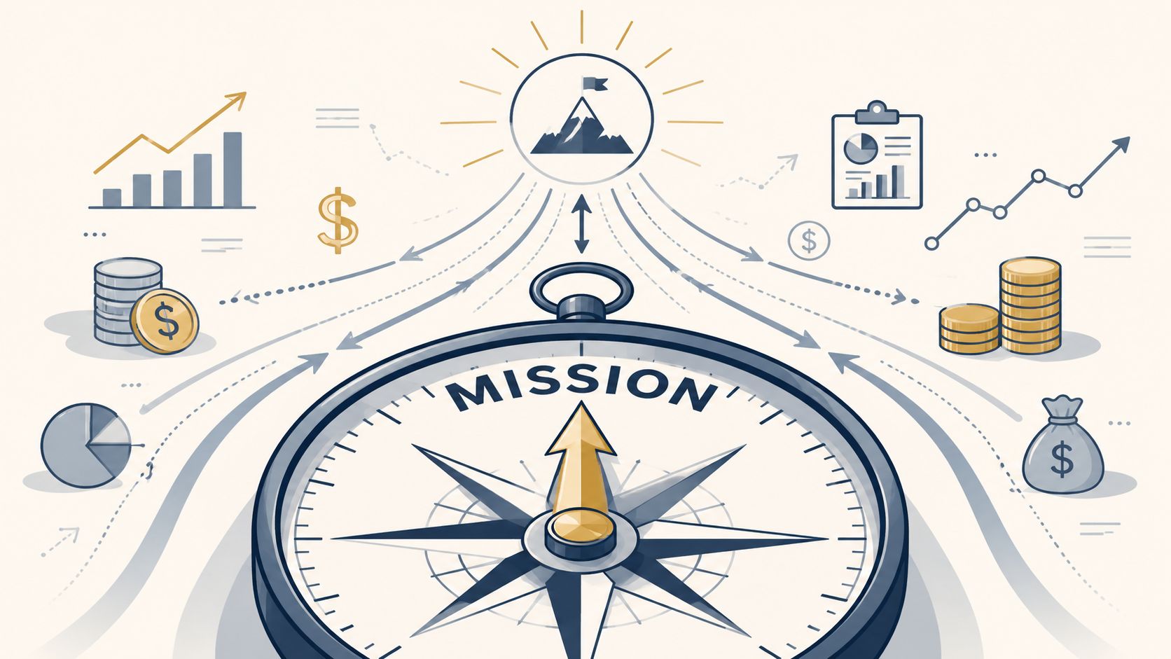 A compass with the word mission pointing towards a mountain icon, surrounded by various business and finance icons.