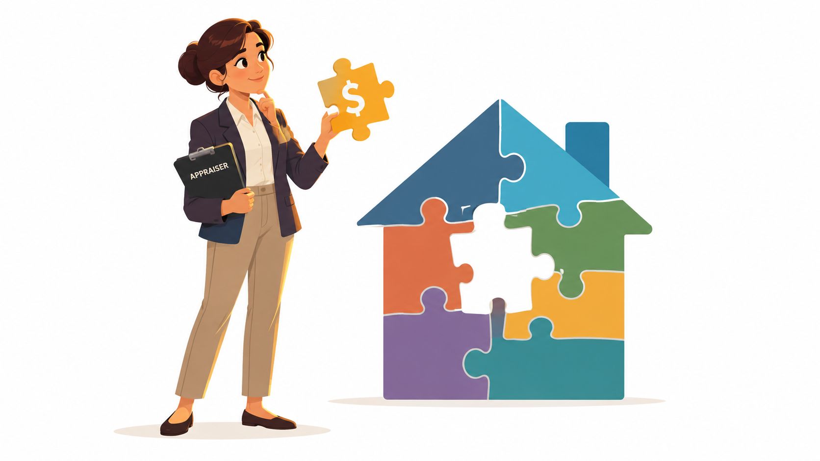 A professional real estate appraiser holding a dollar sign puzzle piece next to a house puzzle graphic.