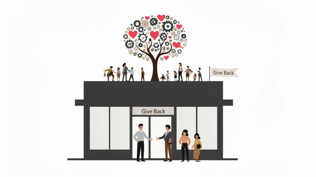 Diverse people gather around a "Give Back" building with a tree symbolizing community and charity.